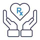 icon that looks like hands holding a heart with Rx inside it